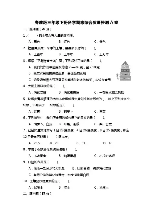 粤教版三年级下册科学期末综合质量检测A卷