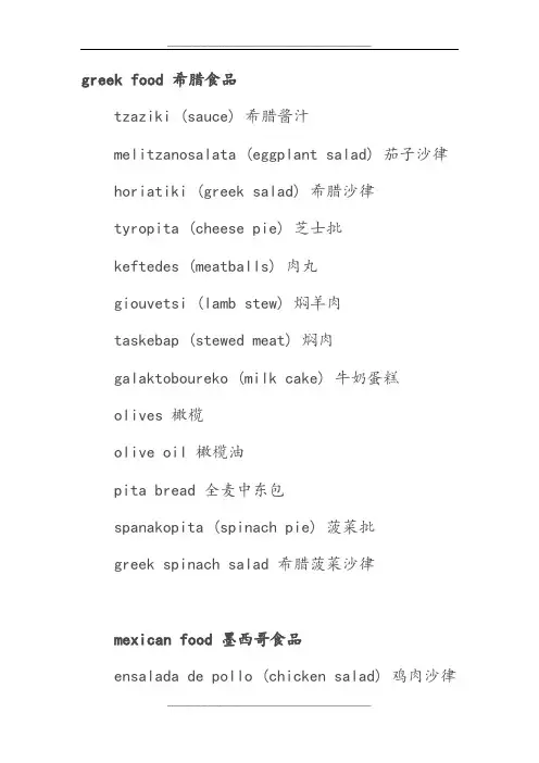 外国英文菜单