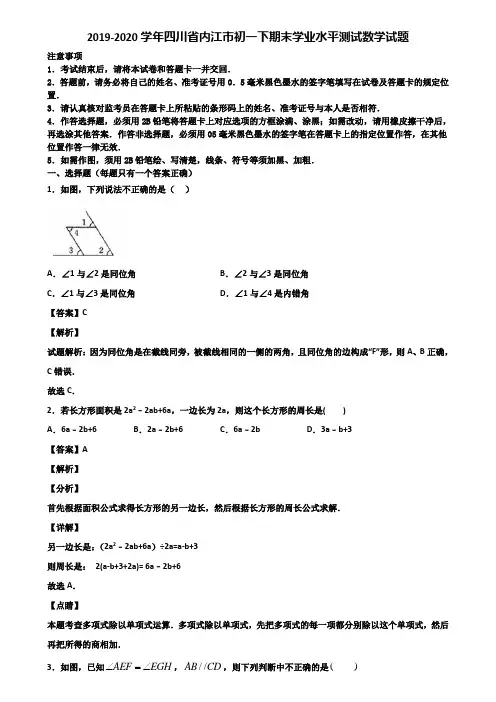 2019-2020学年四川省内江市初一下期末学业水平测试数学试题含解析