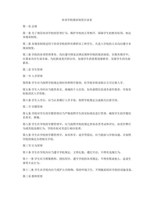 培训学校规章制度目录表