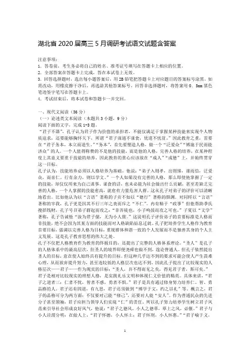湖北省2020届高三5月调研考试语文试题含答案