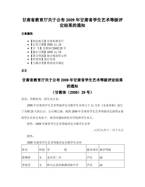 甘肃省教育厅关于公布2009年甘肃省学生艺术等级评定结果的通知