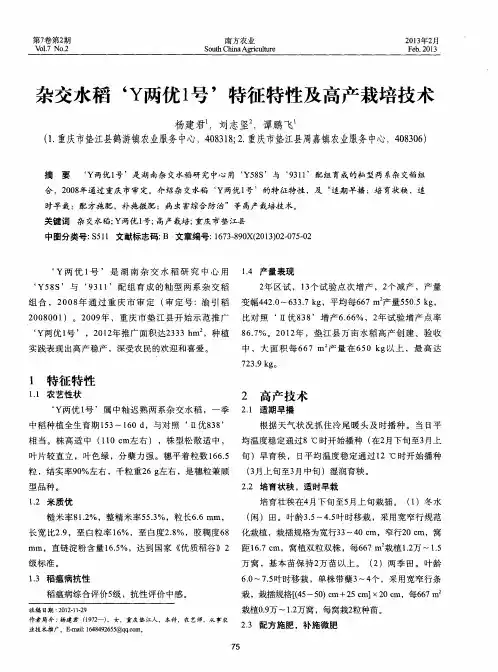 杂交水稻‘Y两优1号’特征特性及高产栽培技术