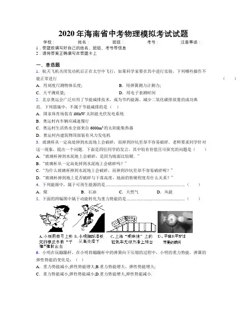 2020年海南省中考物理模拟考试试题附解析