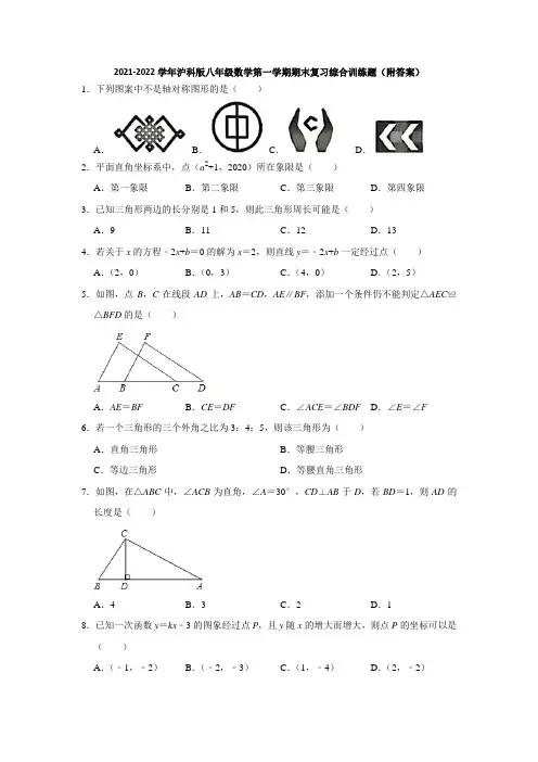 2021-2022学年沪科版八年级数学第一学期期末复习综合训练题(附答案)
