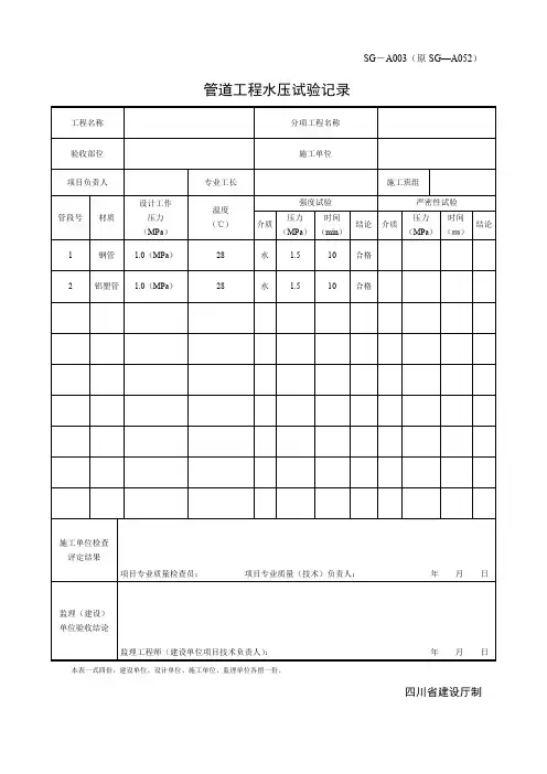 SG-A003管道工程水压试验记录