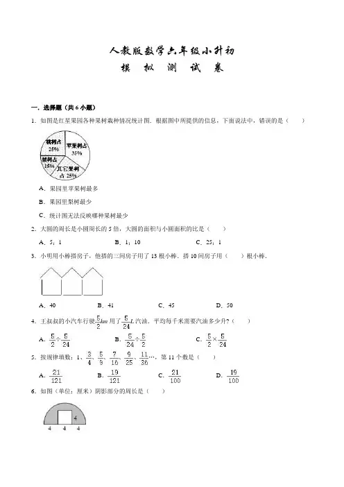 人教版六年级数学小升初试卷(附答案)
