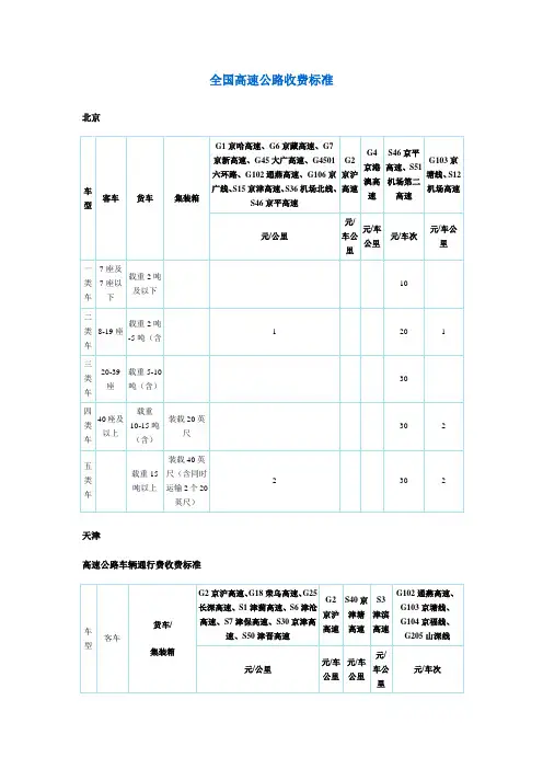 全国高速公路收费标准