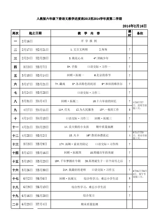人教版六年级下册语文教学进度表、教学安排