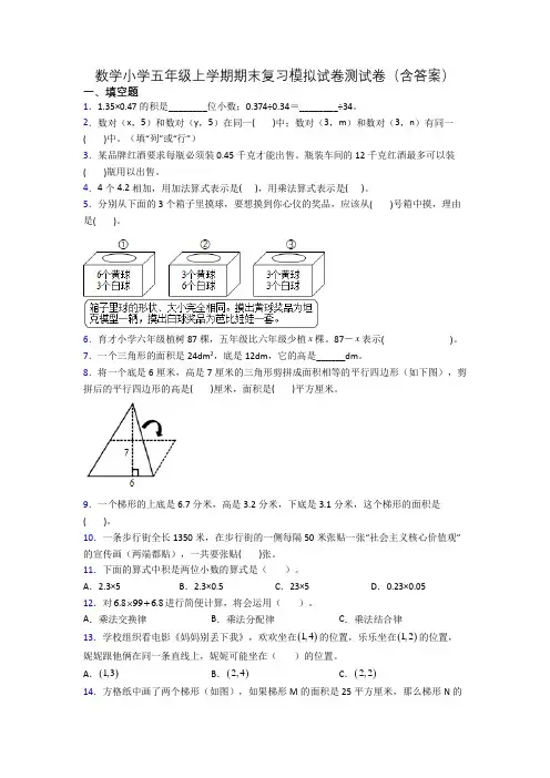 数学小学五年级上学期期末复习模拟试卷测试卷(含答案)