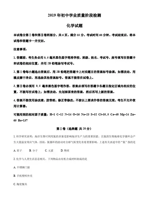 山东省淄博市临淄区2019年初中学业质量阶段检测化学模拟
