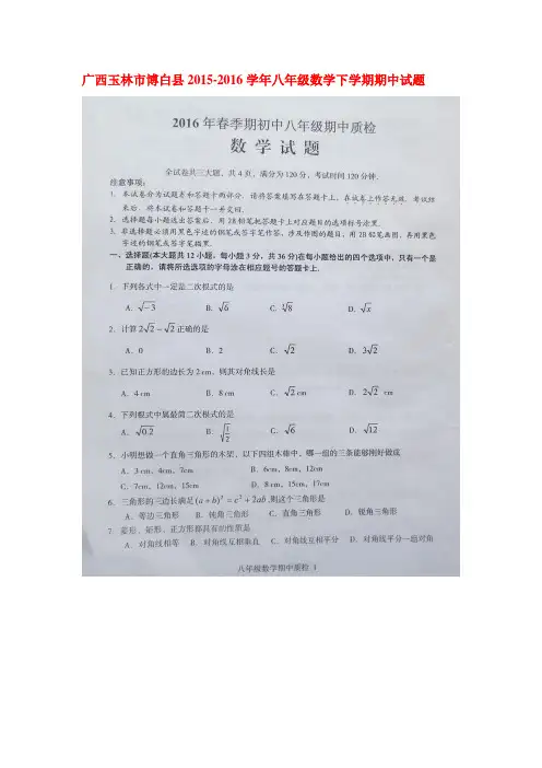 广西玉林市2015-2016学年八年级数学下册期中试题
