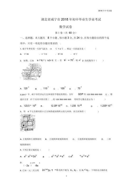 湖北省咸宁市2018年中考数学试题真题含答案Word版.docx