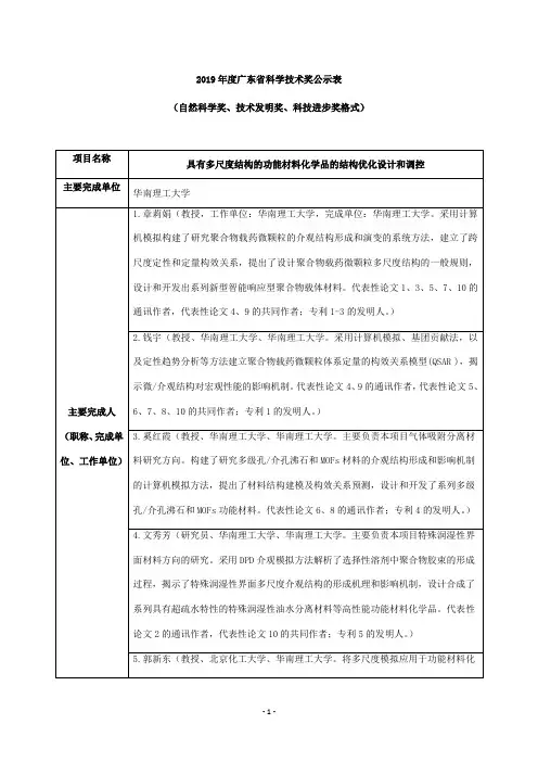2019年度广东省科学技术奖公示表