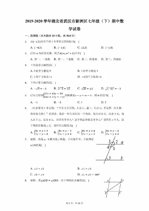2019-2020学年湖北省武汉市新洲区七年级（下）期中数学试卷