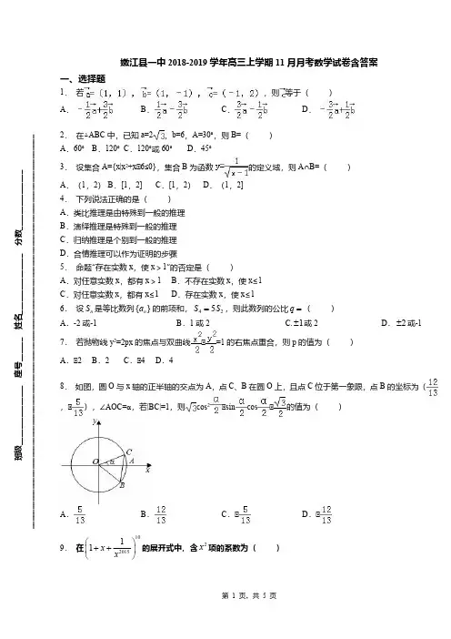 嫩江县一中2018-2019学年高三上学期11月月考数学试卷含答案