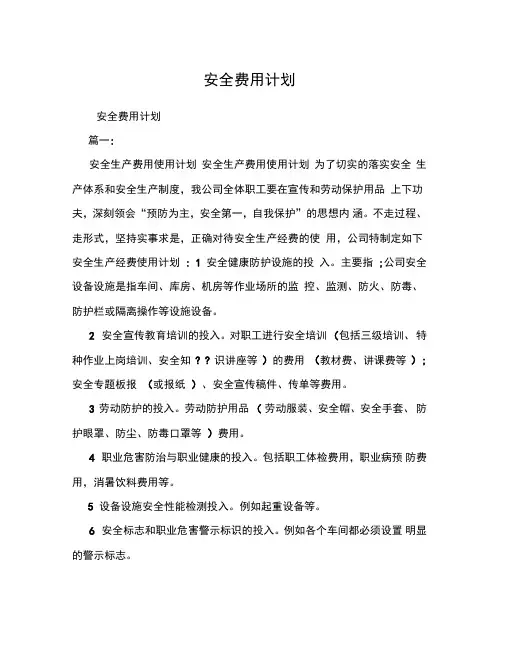 2019年安全费用投入计划