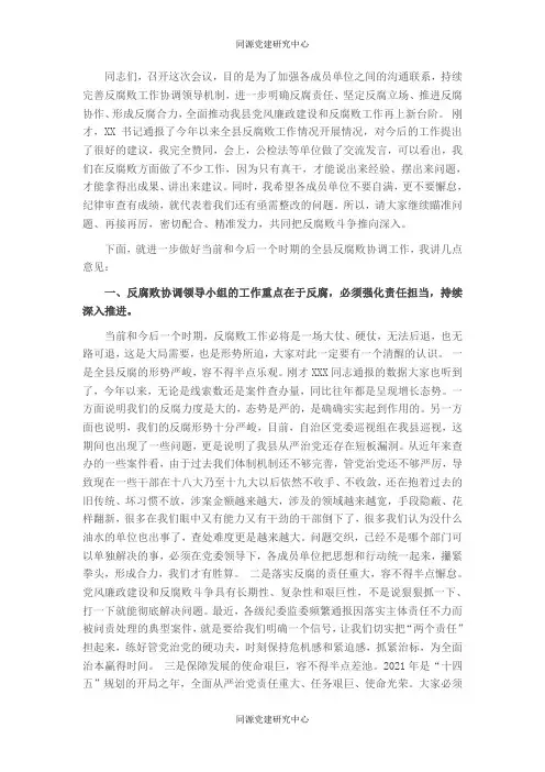 X县委书记在反腐败协调领导小组的讲话