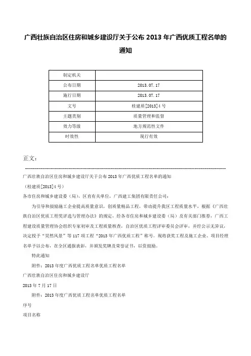 广西壮族自治区住房和城乡建设厅关于公布2013年广西优质工程名单的通知-桂建质[2013]4号