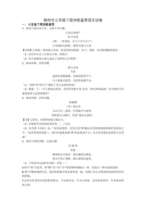 柳州市七年级下册诗歌鉴赏语文试卷