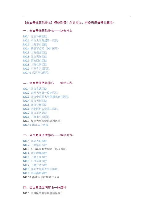 全国最佳医院排名(精确到每个科的排名)