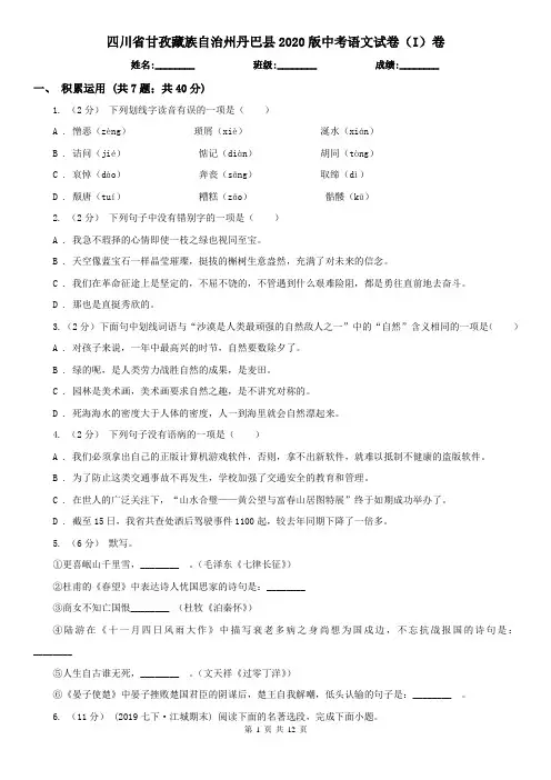 四川省甘孜藏族自治州丹巴县2020版中考语文试卷(I)卷