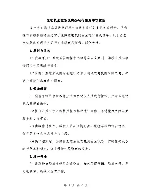 发电机励磁系统安全运行注意事项模版(三篇)