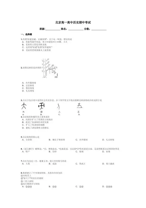北京高一高中历史期中考试带答案解析
