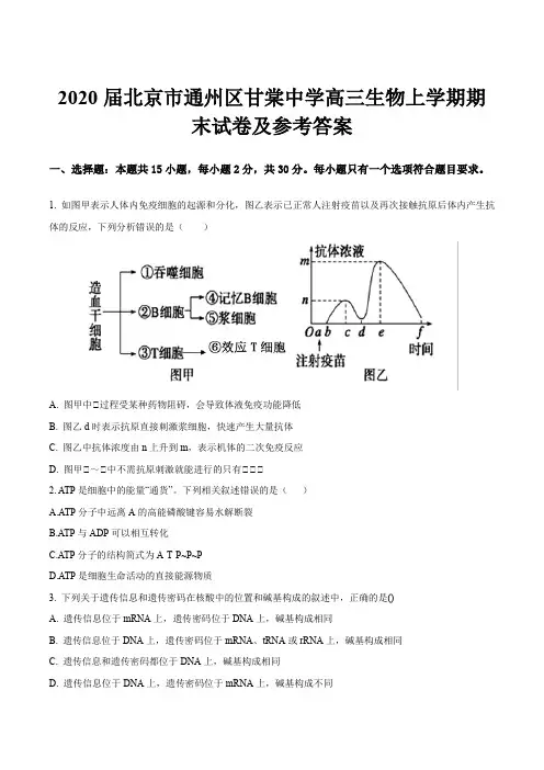2020届北京市通州区甘棠中学高三生物上学期期末试卷及参考答案
