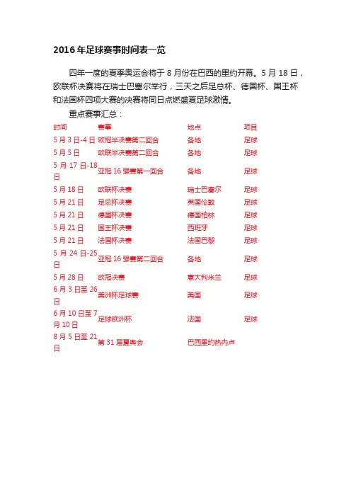 2016年足球赛事时间表一览