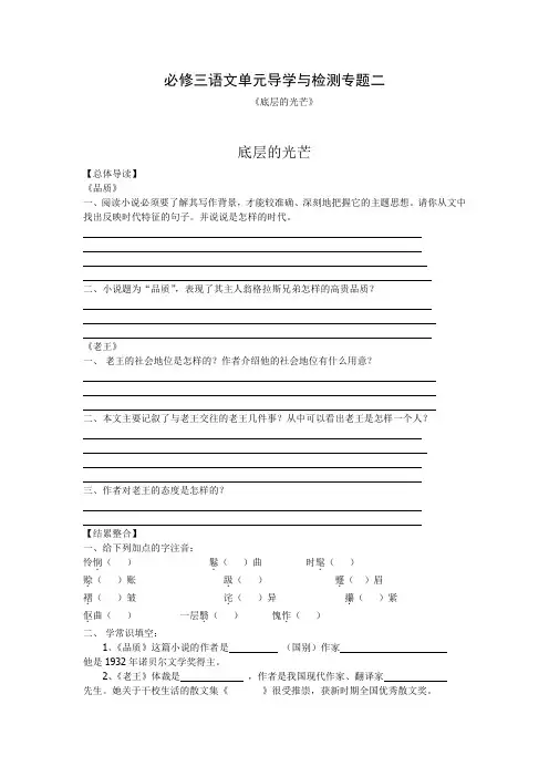 高中语文单元导学与检测专题二《底层的光芒》(含答案) 苏教版必修三