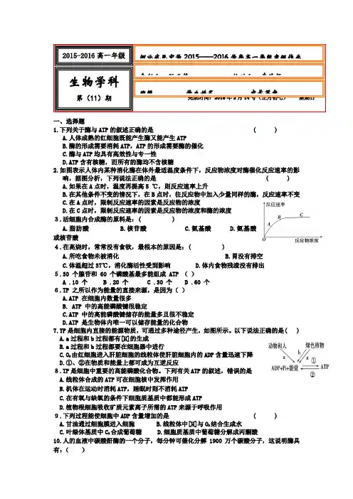 河北省武邑中学2015-2016学年高一上学期生物寒假作业11 Word版含答案