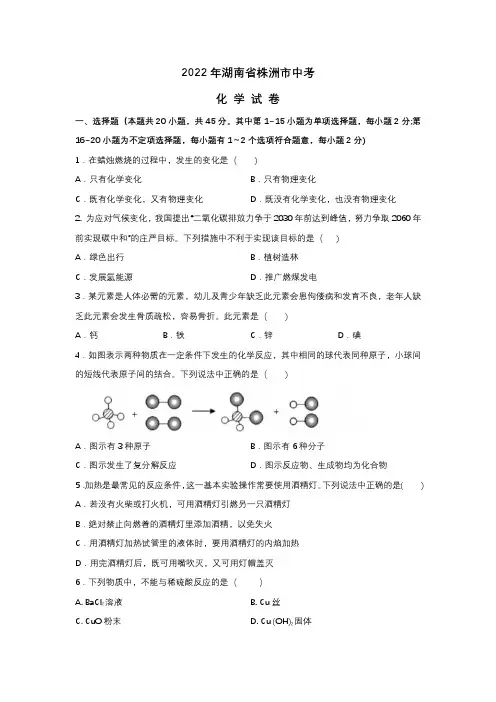 2022年湖南省株洲市中考化学试题(含答案)