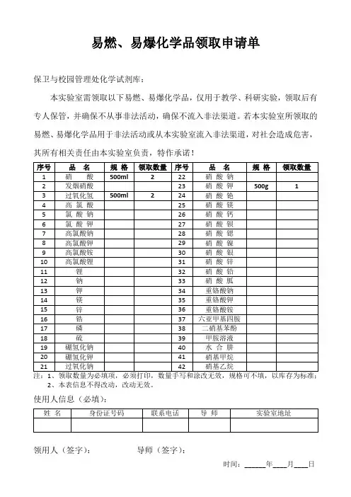 易燃、易爆化学品领取申请单