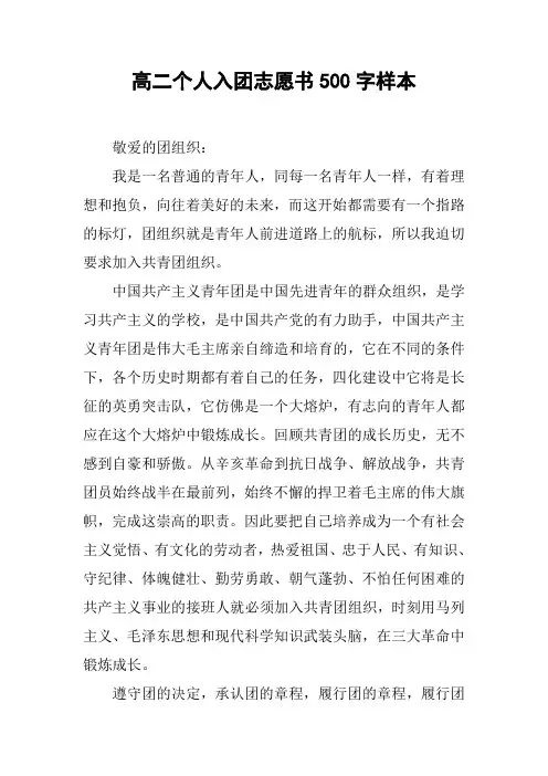 高二个人入团志愿书500字样本
