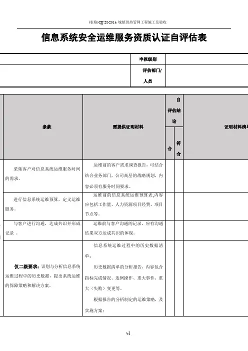 信息系统安全运维服务资质认证自评估表