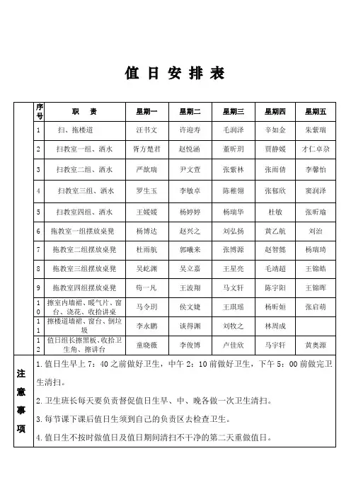 值 日 安 排 表