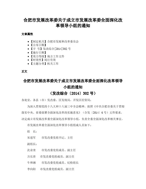 合肥市发展改革委关于成立市发展改革委全面深化改革领导小组的通知