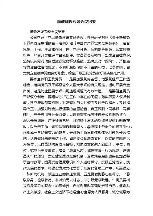 廉政建设专题会议纪要