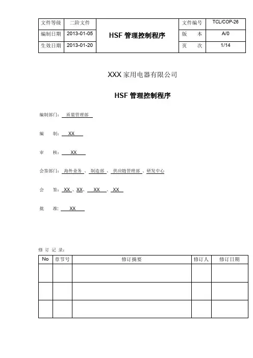 ISO9001 ISO14001程序文件.HSF管理控制程序