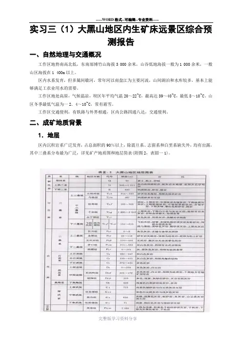 矿产勘查学--实习三、大黑山地区内--外生矿床远景区综合预测报告