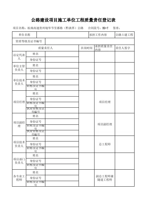 公路建设项目施工单位工程质量责任登记表