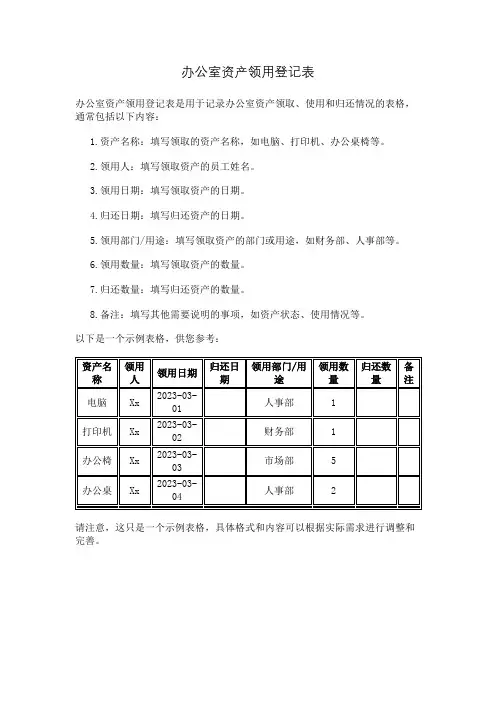 办公室资产领用登记表
