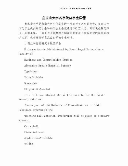 皇家山大学各学院奖学金详情.doc
