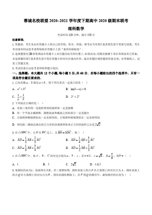 四川省成都市蓉城名校联盟2020-2021学年高一下学期期末联考理科数学试题 Word版含答案