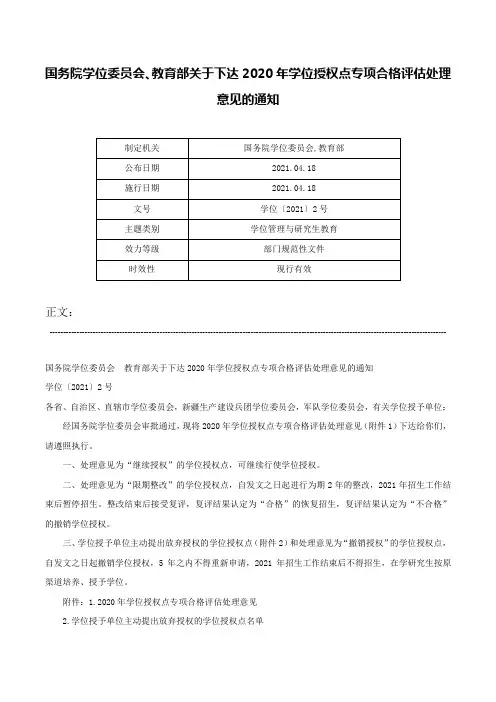 国务院学位委员会、教育部关于下达2020年学位授权点专项合格评估处理意见的通知-学位〔2021〕2号