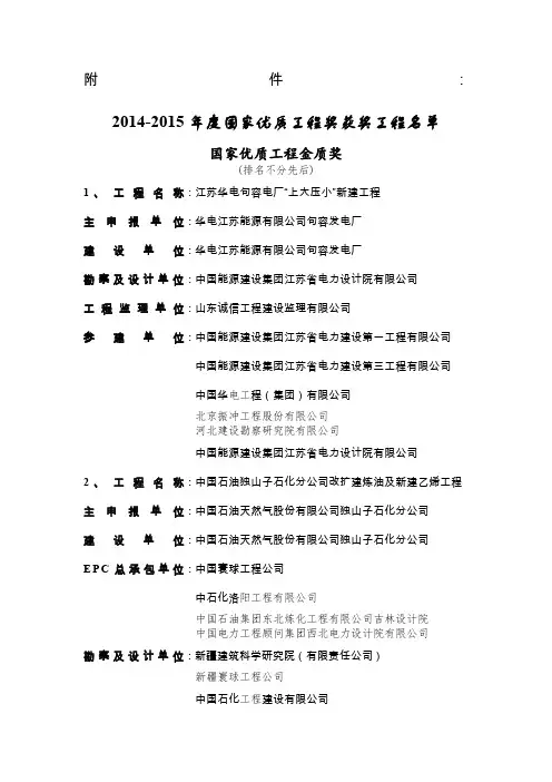 2014-2015年度国家优质工程奖获奖工程名单