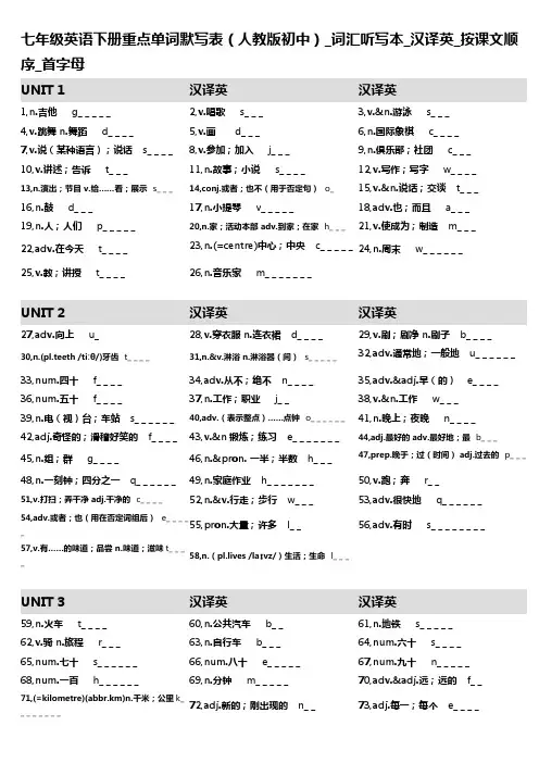 4,七年级英语下册重点单词默写表(人教版初中)_词汇听写本_汉译英_按课文顺序_首字母