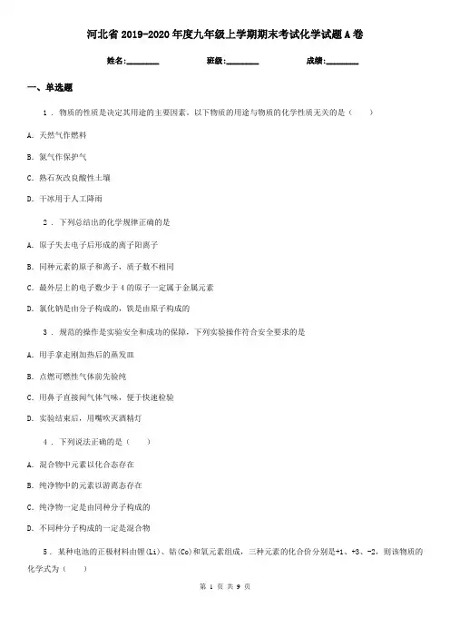 河北省2019-2020年度九年级上学期期末考试化学试题A卷