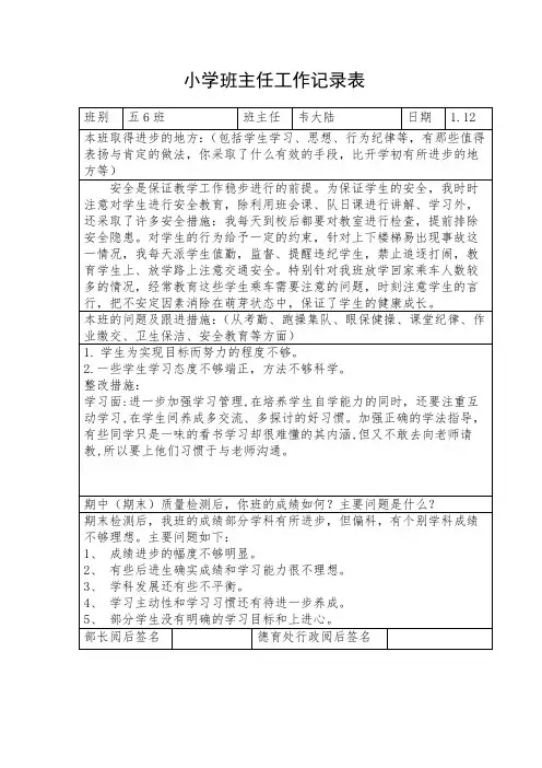 小学班级管理反馈表